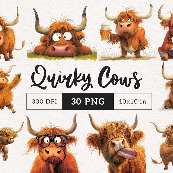 Quirky Highland Cow PNG Clipart Bundle Whimsical Cow Sublimation clip art Animales de granja Gráficos caprichosos Mascotas divertidas Ilustración de vaca tonta