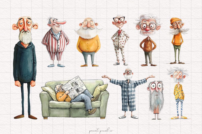 Quirky Old Men Clipart Grandpa PNG Whimsical Funny People Peculiar ...