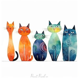 5 Whimsical cats clipart High Quality JPGs Quirky elongated animal clip art JPG Sublimation Junk Journal Paper crafting Commercial License
