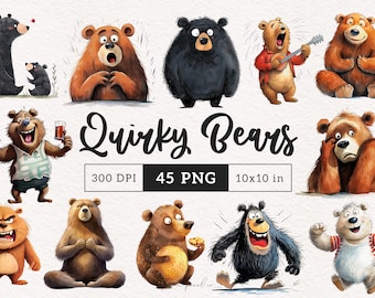 Quirky Bear Clipart PNG Whimsical Black Bear Sublimation clip art Woodland Whimsy graphics Funny elongated Grizzly Bear Goofy illustration