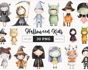 Clipart aquarelle pour enfants mignon Halloween fantasmagorique costume enfants Mignon horreur gothique PNG festif fabrication de cartes graphiques utilisation commerciale téléchargement