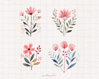 4 Pink Flowers PNG Watercolor Pastel Flowers Clipart Whimsical floral Sublimation Cute Pink botanical illustration Boho Whimsy graphics DTF
