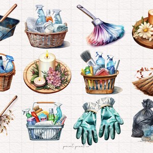 May include: A watercolour illustration of various cleaning supplies, including brooms, dustpans, cleaning spray bottles, and bin bags. The illustration also includes candles and flowers.