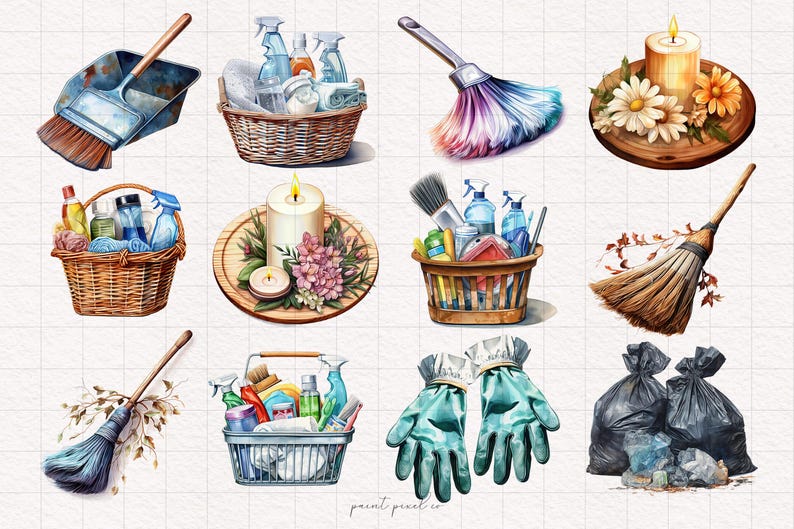 May include: A watercolour illustration of various cleaning supplies, including brooms, dustpans, cleaning spray bottles, and bin bags. The illustration also includes candles and flowers.