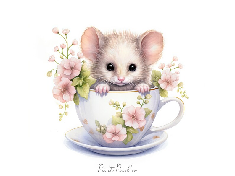 11 Mouse clipart High Quality JPGs Watercolor Cute Mice inside a tea cup clip art Sublimation Junk Journal Paper crafting Commercial License image 3