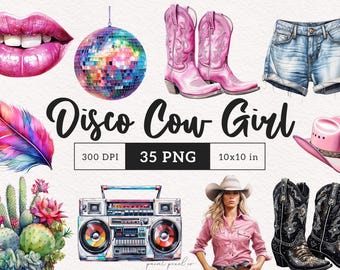 Disco Cowgirl Clipart Western Cowgirl PNG Boots Lets Go Girls Pink Rodeo Watercolor Sublimation Paper Crafting Junk Journal Kit Printable