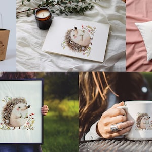 May include: A set of products featuring a cute hedgehog illustration. The set includes a mug, a pillow, a framed print, and a takeout container.