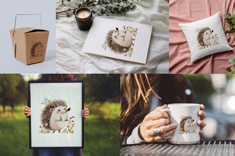 May include: A set of products featuring a cute hedgehog illustration. The set includes a mug, a pillow, a framed print, and a takeout container.