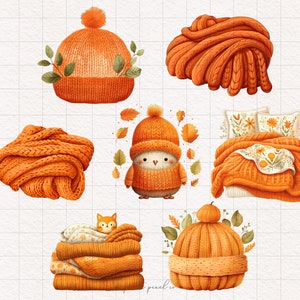 7 éléments automne douillets Clipart Boho pull PNG Graphismes automne aquarelle jetés couverture Esthétique saisonnière Bonnet tricoté douillet automne DTF