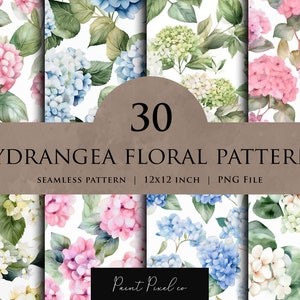 May include: A set of 30 digital seamless patterns featuring watercolor hydrangeas in various colors, including pink, blue, white, and green. The patterns are 12x12 inches and are available as PNG files. The text "30 HYDRANGEA FLORAL PATTERNS" and "SEAMLESS PATTERN | 12x12 INCH | PNG FILE" is displayed on a brown background. The text "Paint Pixel co" is displayed in the bottom right corner.