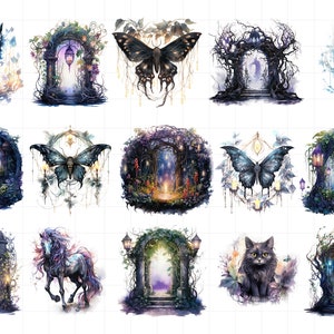 K&ouml;nnte beinhalten: Eine Sammlung von 16 digitalen Illustrationen mit skurrilen, magischen und fantastischen Szenen. Jedes Bild zeigt eine andere Kreatur oder ein anderes Objekt, wie einen Wolf, einen Hirsch, einen Schmetterling, ein Einhorn, eine Katze und einen leuchtenden Torbogen. Die Illustrationen sind im Aquarellstil mit weichen, gedeckten Farben gehalten.