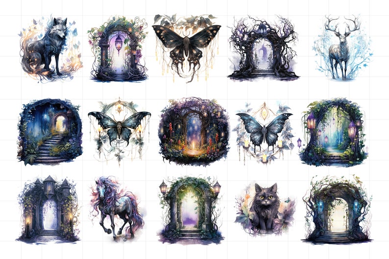 K&ouml;nnte beinhalten: Eine Sammlung von 16 digitalen Illustrationen mit skurrilen, magischen und fantastischen Szenen. Jedes Bild zeigt eine andere Kreatur oder ein anderes Objekt, wie einen Wolf, einen Hirsch, einen Schmetterling, ein Einhorn, eine Katze und einen leuchtenden Torbogen. Die Illustrationen sind im Aquarellstil mit weichen, gedeckten Farben gehalten.