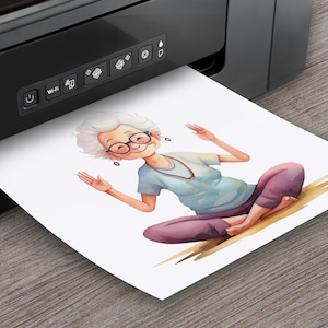 May include: A watercolor illustration of a woman with gray hair and glasses sitting in a yoga pose. She is wearing a light blue shirt, purple pants, and a necklace. The illustration is printed on a white sheet of paper.