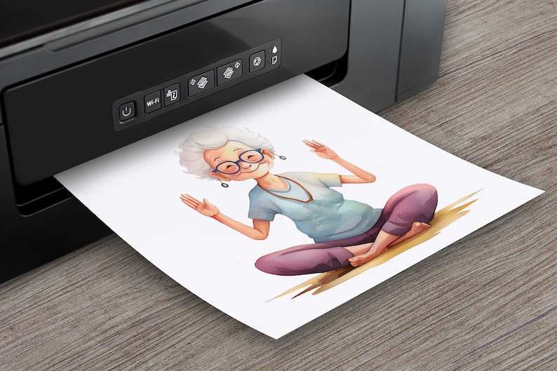 May include: A watercolor illustration of a woman with gray hair and glasses sitting in a yoga pose. She is wearing a light blue shirt, purple pants, and a necklace. The illustration is printed on a white sheet of paper.