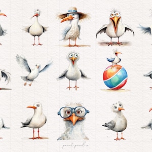 K&ouml;nnte beinhalten: Eine Sammlung von 14 Cartoon-M&ouml;wen mit verschiedenen Gesichtsausdr&uuml;cken und Posen. Einige M&ouml;wen tragen H&uuml;te, Brillen und halten einen Strandball. Die M&ouml;wen sind in Aquarell auf wei&szlig;em Hintergrund gemalt.