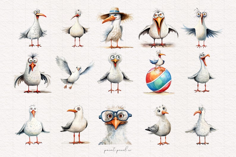 K&ouml;nnte beinhalten: Eine Sammlung von 14 Cartoon-M&ouml;wen mit verschiedenen Gesichtsausdr&uuml;cken und Posen. Einige M&ouml;wen tragen H&uuml;te, Brillen und halten einen Strandball. Die M&ouml;wen sind in Aquarell auf wei&szlig;em Hintergrund gemalt.