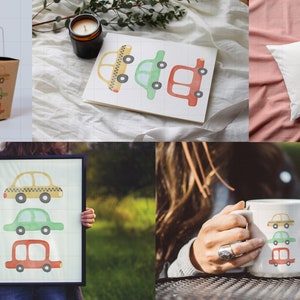 May include: A set of three watercolor illustrations of cars stacked on top of each other. The top car is yellow with black checkered markings, the middle car is green, and the bottom car is red. The illustrations are on a white background and are available on various products, such as mugs, pillows, and tote bags.
