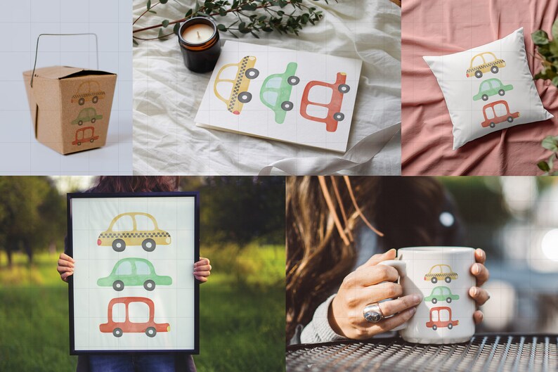 May include: A set of three watercolor illustrations of cars stacked on top of each other. The top car is yellow with black checkered markings, the middle car is green, and the bottom car is red. The illustrations are on a white background and are available on various products, such as mugs, pillows, and tote bags.