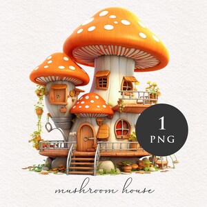 Toadstool house Aquarelle Champignon PNG clipart Orange Fantasy illustration graphique Sublimation Transfer Journal PNGs Imprimable Conte de fées