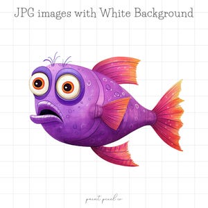 50 Quirky Sealife JPG Clipart Whimsy Fish clip art Divertente Polpo Stella marina buffa Squalo Cavalluccio marino creazione di biglietti Tecnica mista JPG uso commerciale
