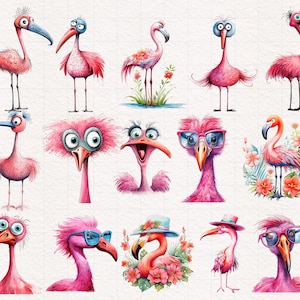 May include: A set of 13 watercolor illustrations of pink flamingos in various poses. Some flamingos are wearing sunglasses, hats, and other accessories. The illustrations are whimsical and fun.