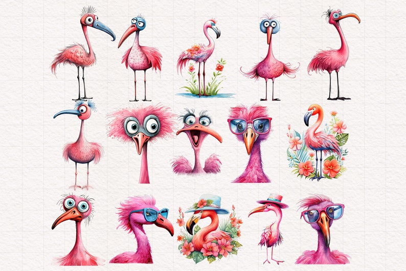 May include: A set of 13 watercolor illustrations of pink flamingos in various poses. Some flamingos are wearing sunglasses, hats, and other accessories. The illustrations are whimsical and fun.