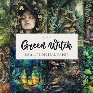 May include: Digital paper pack featuring watercolor illustrations of a green witch theme. The images include a woman in a green cloak, potion bottles, a frog, and forest scenes. The text on the image reads "Green Witch 8.5" x 11" Digital Paper."