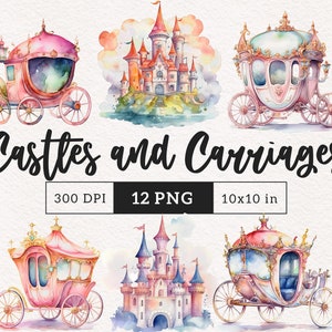Clipart del castello Clipart di carrozza da favola Clipart di acquerello Sublimazione Fiaba Regno magico PNG C&#39;era una volta Uso commerciale