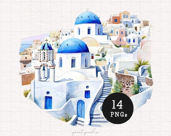 Mediterranean Greek Scenery Clipart Sea view Santorini PNG historical houses Greece landscape Paper Craft Card making Commercial use
