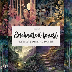 May include: Digital paper pack featuring watercolor illustrations of an enchanted forest. The pack includes various scenes with owls, wolves, and stairways. The text on the image reads "Enchanted Forest" and "8.5" x 11" | DIGITAL PAPER."