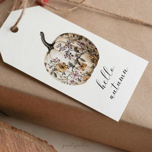 Peut inclure: Une &eacute;tiquette cadeau avec une illustration de citrouille et les mots "hello autumn". La citrouille est blanche avec une tige noire et est remplie de motifs floraux jaunes, violets et verts. L'&eacute;tiquette est sur un cadeau emball&eacute;.