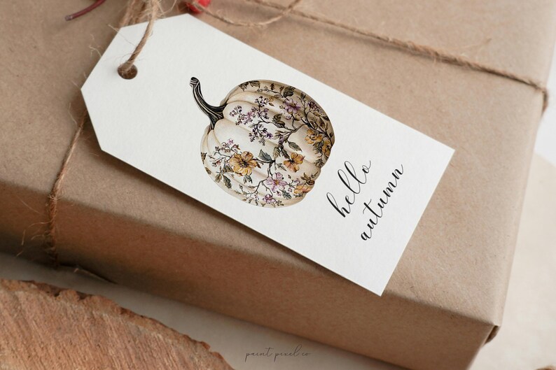Peut inclure: Une &eacute;tiquette cadeau avec une illustration de citrouille et les mots "hello autumn". La citrouille est blanche avec une tige noire et est remplie de motifs floraux jaunes, violets et verts. L'&eacute;tiquette est sur un cadeau emball&eacute;.