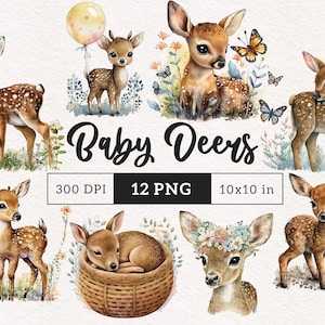 Woodland animals PNG Watercolor Baby Deer clipart Cute Baby shower clipart Sublimation Kids party decor Nursery Art sticker commercial use