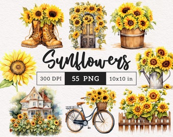 Könnte beinhalten: Ein Set mit 55 Aquarell-Illustrationen von Sonnenblumen in verschiedenen Arrangements. Die Illustrationen beinhalten Sonnenblumen in einer Vase, einer Gießkanne, einem Fahrradkorb und einem Paar Stiefeln. Die Illustrationen sind perfekt, um Ihren Designs einen Hauch von Sommer zu verleihen.