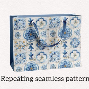May include: A blue and white patterned gift bag with a repeating floral tile design. The bag has a blue handle and the text "Repeating seamless patterns" at the bottom.