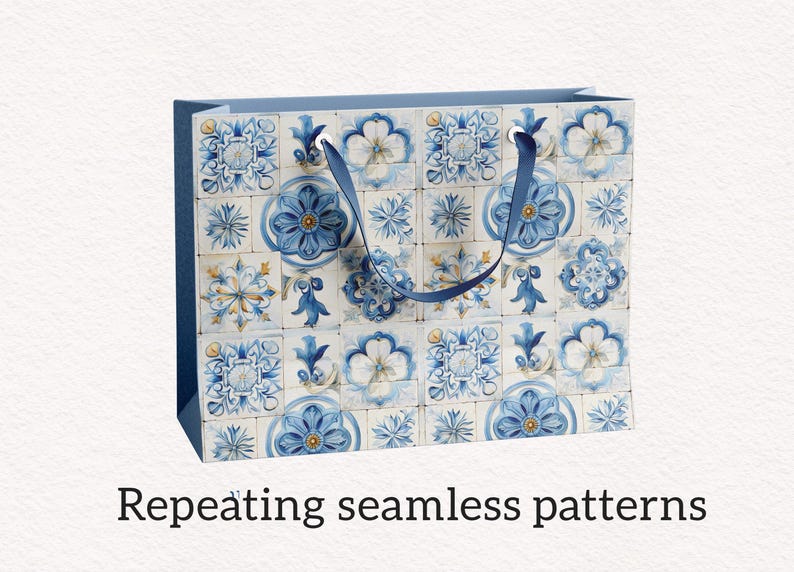 May include: A blue and white patterned gift bag with a repeating floral tile design. The bag has a blue handle and the text "Repeating seamless patterns" at the bottom.