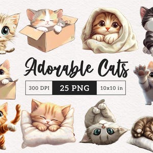 Süße Katzen Clipart Süße Kätzchen PNG Glückliche Baby Tiere Sublimation Clip Art Kinderzimmer Dekor Druckbare Cartoon Grafik Entzückende Katzenliebhaber Geschenk