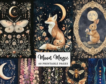 Moon Magic Junk Journal - Mystical Lunar Ephemera Celestial Woodland Filler Pages Printable - Witchy Scrapbook Fantasy Backgrounds JPG