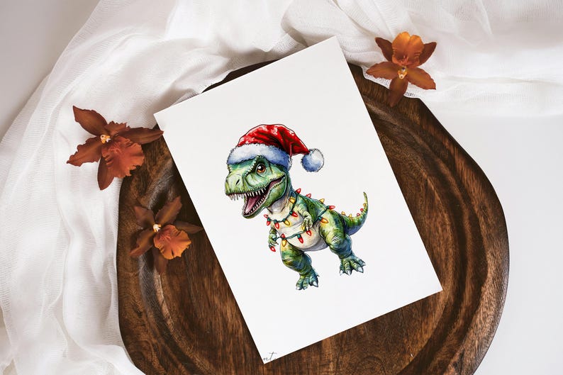 May include: A green dinosaur wearing a red Santa hat and a string of Christmas lights around its neck. The dinosaur is drawn in a cartoon style and has a friendly expression.