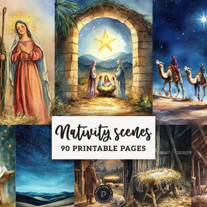 Op de afbeelding: Een verzameling aquarel illustraties die kersttaferelen uitbeelden. De afbeeldingen bevatten afbeeldingen van Maria en Jozef, de geboorte van Jezus, de drie wijzen en de ster van Bethlehem. De tekst "Nativity scenes 90 Printable Pages" is ook opgenomen.