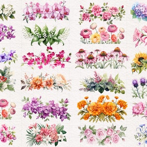 May include: A collection of 16 watercolor floral illustrations featuring various flowers, including orchids, roses, lilies, sunflowers, hydrangeas, and peonies. The illustrations are painted in a realistic style with vibrant colors and delicate details.