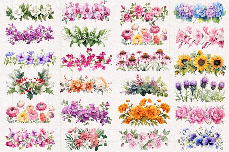 May include: A collection of 16 watercolor floral illustrations featuring various flowers, including orchids, roses, lilies, sunflowers, hydrangeas, and peonies. The illustrations are painted in a realistic style with vibrant colors and delicate details.