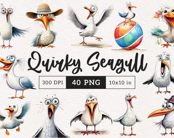 Funny Seagull Clipart Quirky Bird PNG Summer Beach Birds PNG graphics Whimsical Seagull Sublimation Funny Silly Wader Bird Sea illustration