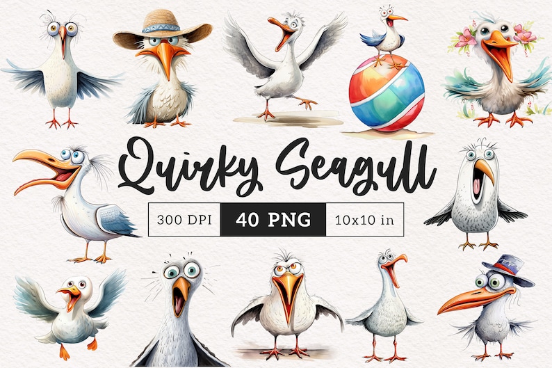 K&ouml;nnte beinhalten: Ein Set mit 40 digitalen Illustrationen von skurrilen M&ouml;wen in verschiedenen Posen und Ausdr&uuml;cken. Die M&ouml;wen sind im Cartoon-Stil mit Aquarelltexturen gezeichnet. Die Illustrationen haben eine Aufl&ouml;sung von 300 DPI und sind 25,4 x 25,4 cm gro&szlig;.