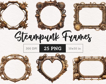Steampunk Frames Clipart Steampunk PNG Whimsical Heart Borders Metal Circles Junk Journal Victorian Altered art Fantasy DTF Scrapbooking