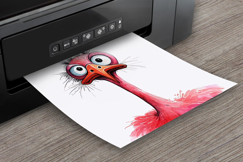 May include: A cartoon illustration of an ostrich with large eyes and a long neck. The ostrich is pink and has a red beak. The illustration is printed on a white sheet of paper coming out of a black printer.