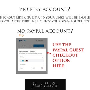 K&ouml;nnte beinhalten: Ein Screenshot einer Etsy-Checkout-Seite mit einer Nachricht, die erkl&auml;rt, wie man als Gast bezahlt, wenn man kein Etsy- oder PayPal-Konto hat. Die Nachricht lautet: "KEIN ETSY-KONTO? BEZAHLEN SIE ALS GAST UND IHRE LINKS WERDEN IHNEN NACH DEM KAUF PER E-MAIL GESENDET. &Uuml;BERPR&Uuml;FEN SIE AUCH IHREN SPAM-ORDNER. KEIN PAYPAL-KONTO? NUTZEN SIE DIE PAYPAL-GAST-CHECKOUT-OPTION HIER."