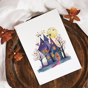 May include: A watercolor painting of a whimsical purple house with yellow windows and a glowing moon in the background. The house has a pointed roof and a chimney. There are trees with orange leaves around the house.