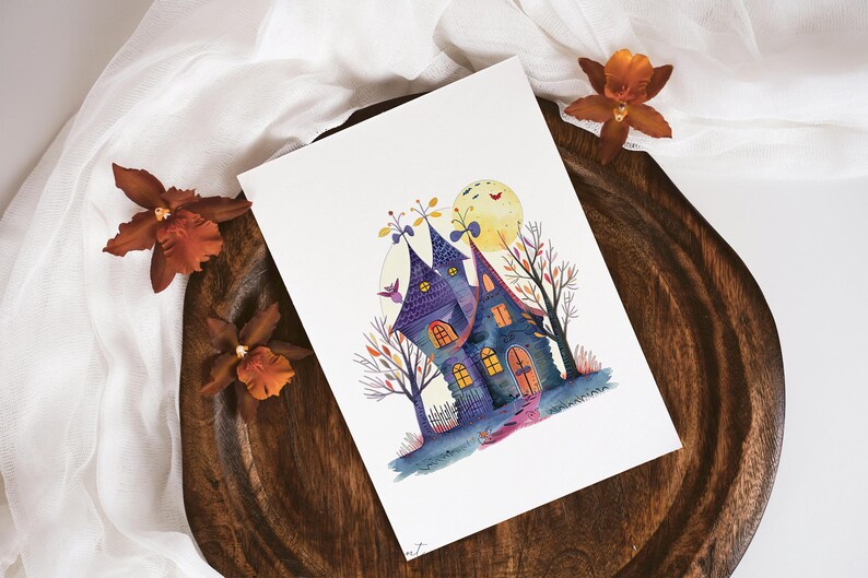 May include: A watercolor painting of a whimsical purple house with yellow windows and a glowing moon in the background. The house has a pointed roof and a chimney. There are trees with orange leaves around the house.