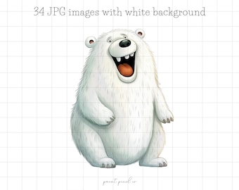 34 imágenes prediseñadas de osos polares extravagantes en formato JPG. Imágenes prediseñadas de osos polares divertidos y tontos en formato JPG. Imágenes prediseñadas de animales del Ártico extravagantes. Imágenes prediseñadas de técnicas mixtas para hacer tarjetas. Uso comercial